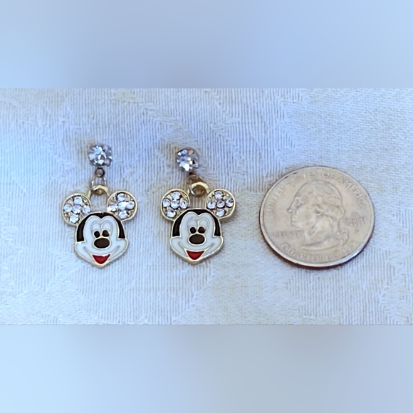 "Mickey Mouse" stud drop earrings red/black/white enamel, rhinestones, Gold tone - Picture 2 of 3